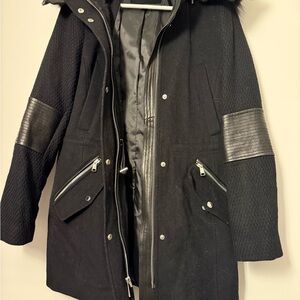 Navy Blue Real Fur Hooded Wool Coat with Real Leather Accents